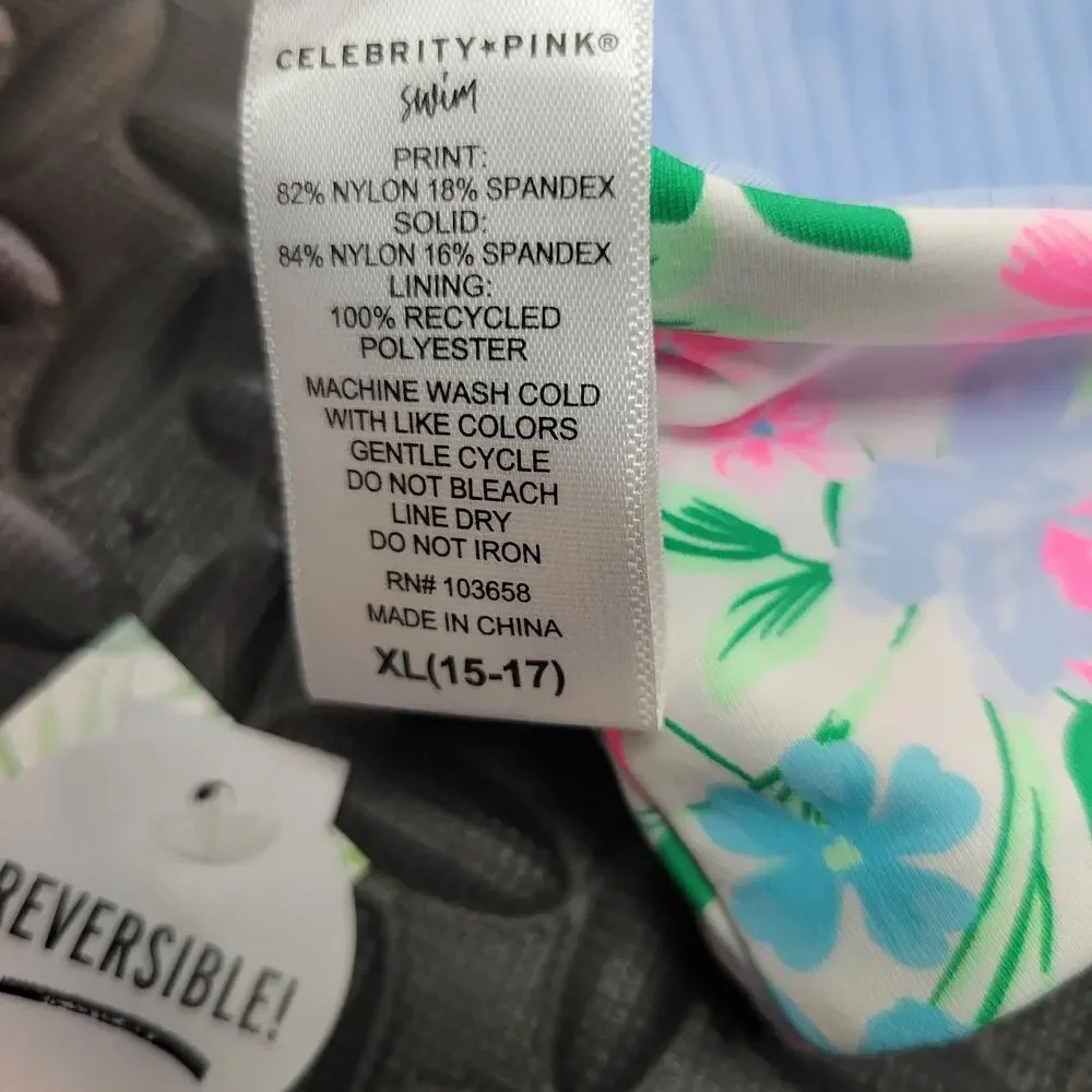 Celebrity Pink Reversible Bikini Top XL Floral Blue Ribbed Swim Top NWT Resort